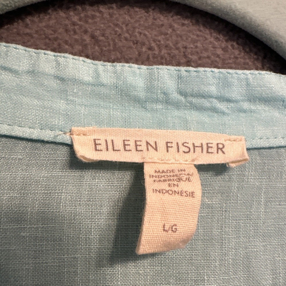 Eileen Fisher Organic Linen Button Tunic Top Band Collar Large Aqua Blue Resort - Picture 2 of 7